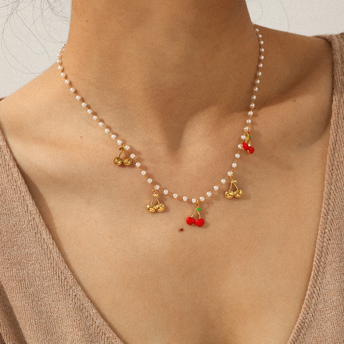 

Stainless Steel Pearl Necklace Innovative Fashionable Red Cherry Pendant Women S Fashion Necklace Accessories Jewelry Gifts