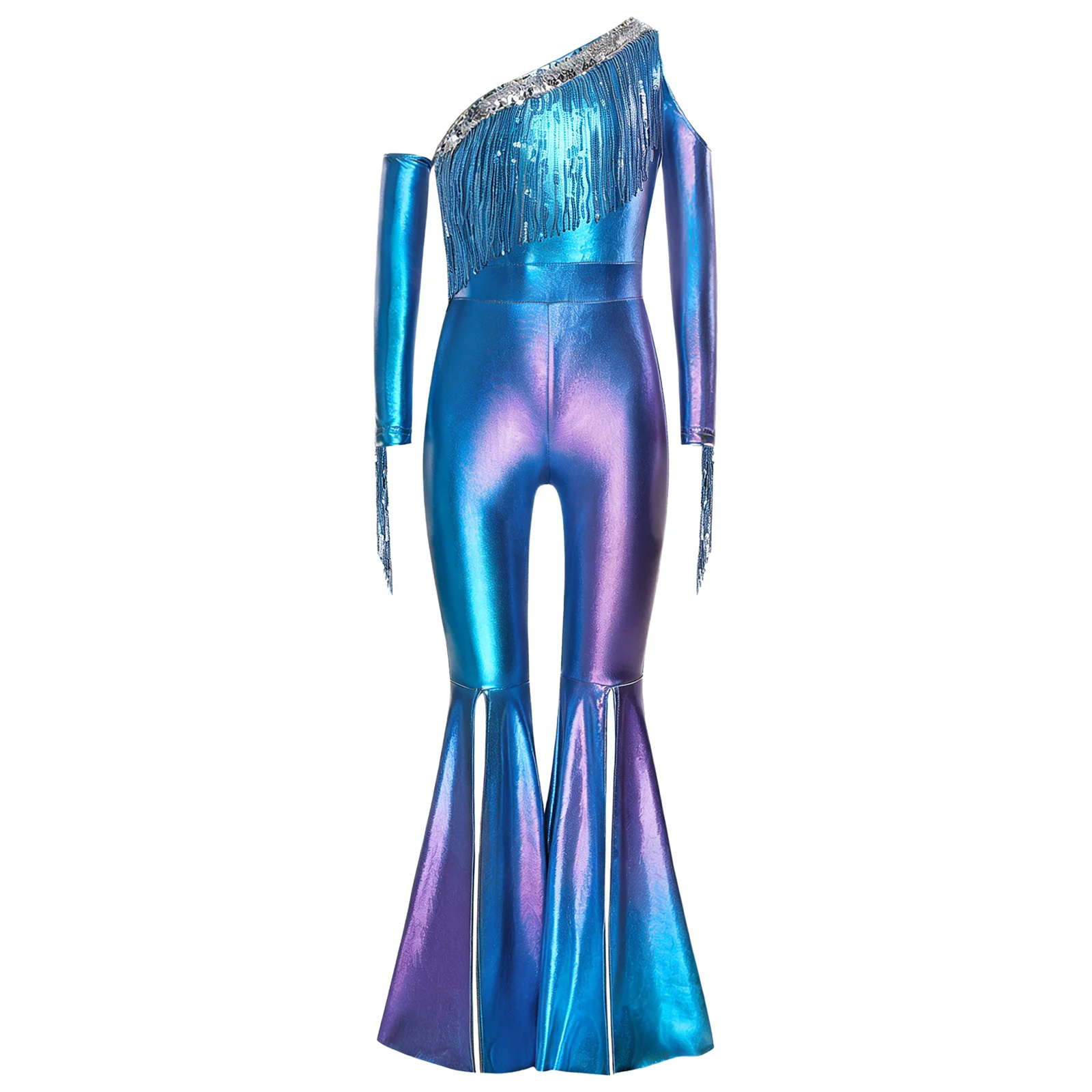 Kids Girls 70s Disco Jazz Dance Jumpsuit Metallic Shiny Sequin Tassel Bell-bottom Bodysuit Halloween Carnival Cowgirl Costume