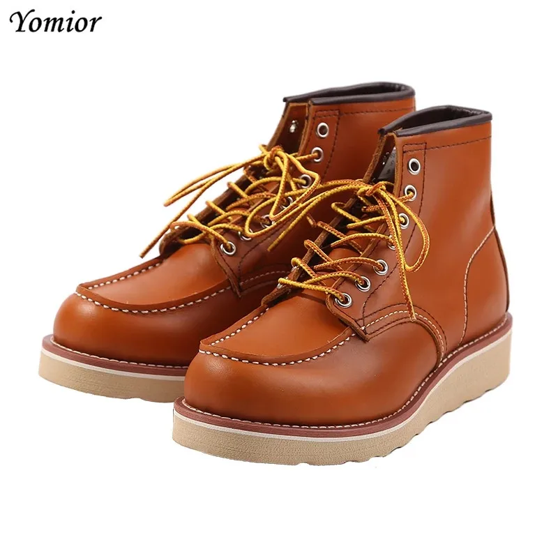 Handmade High Quality Fashion Genuine Leather Men Red Ankle Boots Outdoor Wing Motorcycle Boots Lace-up Work Wedding Boots