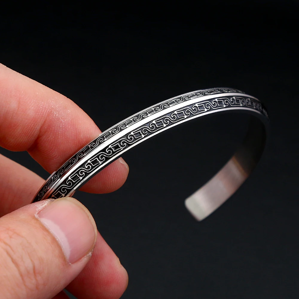 Vintage Engraved Totem Open Cuff Bracelet Stainless Steel Retro Carved Pattern Wrist Bangle Unisex Punk Biker Wrist Jewelry Gift