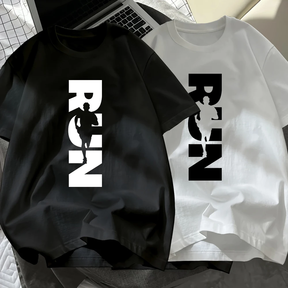 

Run Letter Printing Mens T-Shirt Cotton Summer Short Sleeve Black White Set Tops Soft Oversized O-Neck T Shirt Casual Clothes