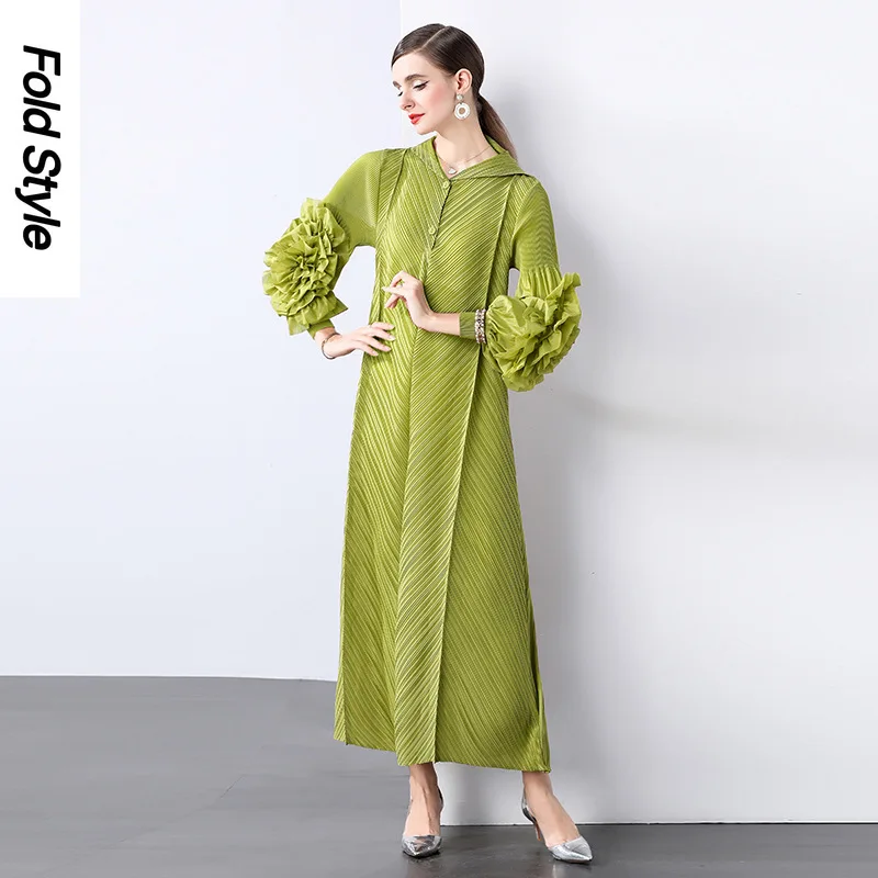 Sukienka plisowana Miyake damska 2025 nowa plisowana sukienka z długim rękawem modna trójwymiarowa kwiatowa temperamentna spódnica średniej długości