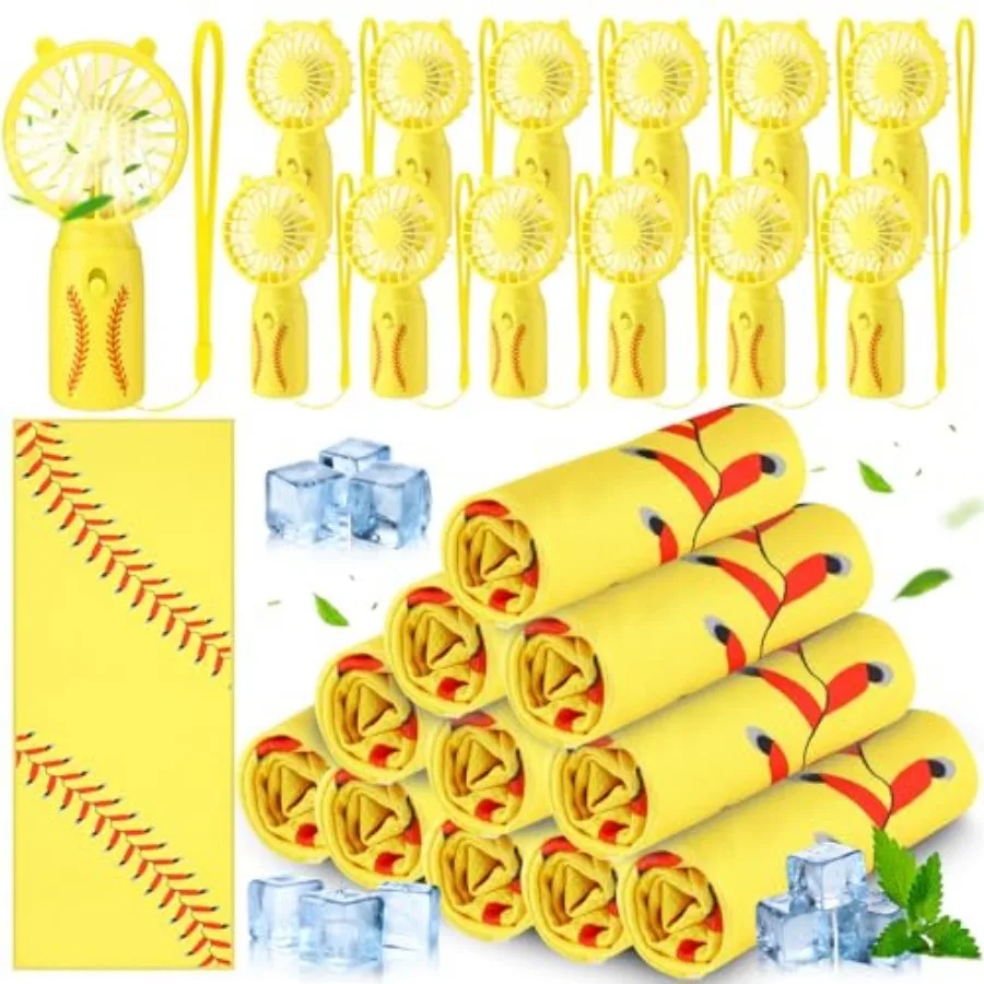 24 Pcs Cooling Towel Mini Portable Fan Set 32 x 12 Inch Ice Towel Chilly Handheld Battery Powered Fan Cooling Gifts for Sport T