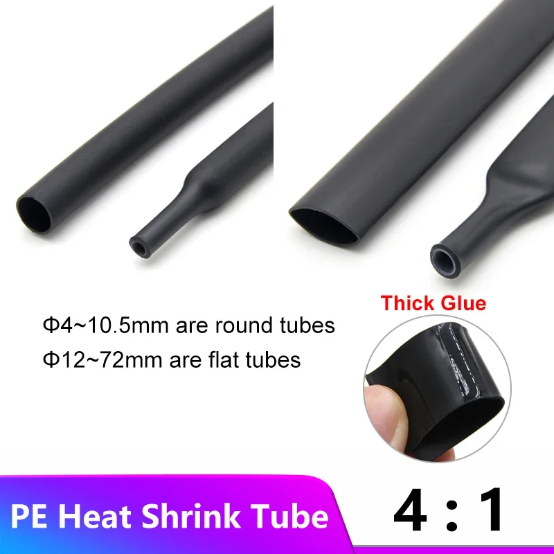 1~25M With Glue 4:1 Heat Shrink Tube 4 6 8 12 24 40 52 72mm Black Thermoretractile Heat Shrinkable Dual Wall Heat Shrink Tubing