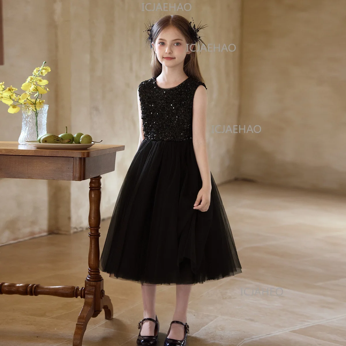 Sequin Princess Dress For Older Girls, Student Chorus Piano Recital Host Black Formal Gown Children Party Costume Elegance Dress