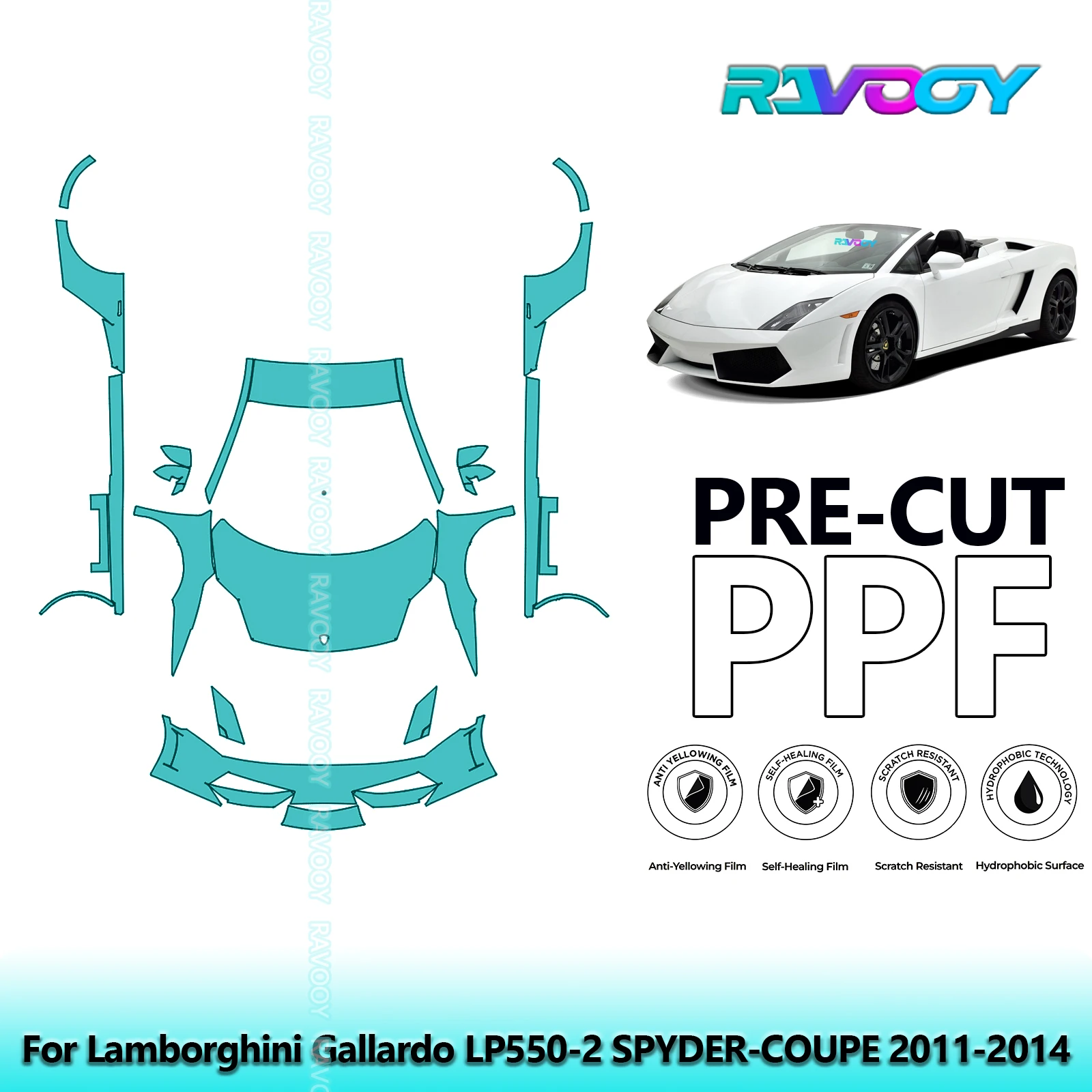 

8.5Mil Precut Paint Protection Film PPF Clear Bra Front Kit+Rockers For Lamborghini Gallardo LP550-2 SPYDER-COUPE 2011-2014
