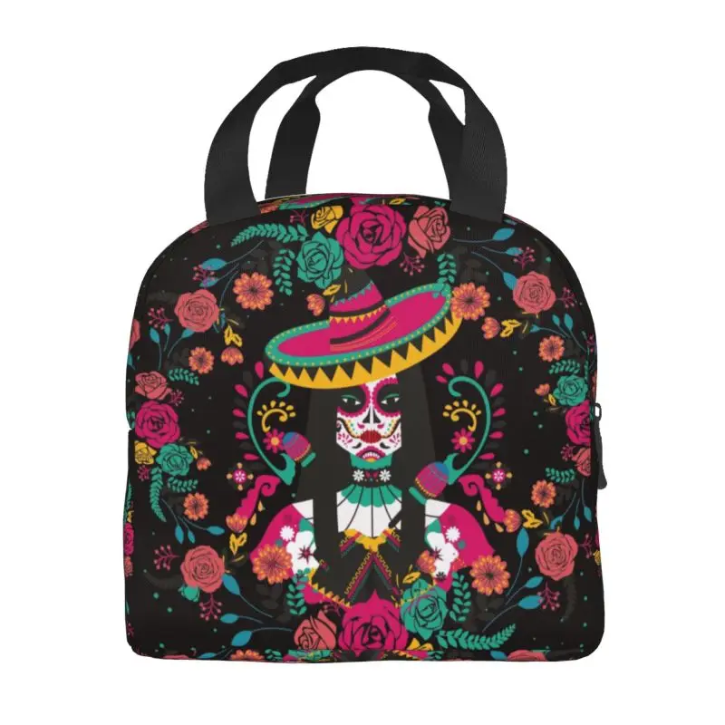 Awesome Mexican Skeleton With Flowers Insulated Lunch Bags for Work School Colorful Leakproof Thermal Cooler Bento Box Children