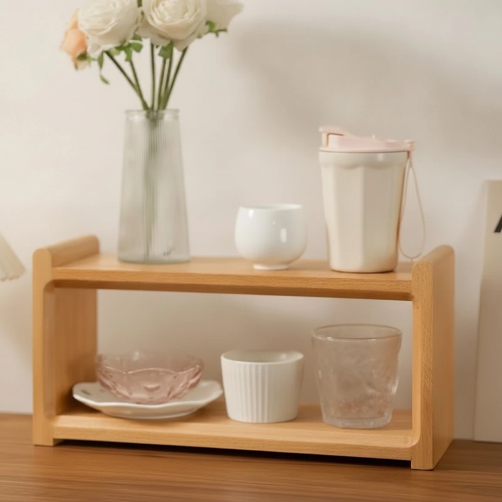 Two-Tier Desk Shelf Sturdy Wooden Storage Shelf Desktop Organizer Stable Double-Layer Organizer Solid for Countertop, Kitchen
