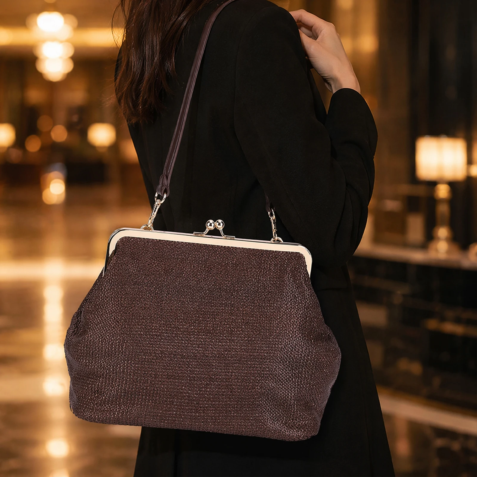Women Bags Purses - キスロック式イブニングクラッチバッグ レディース ニットホーボークラッチバッグ ヴィンテージトップハンドルバッグ 大容量 日常旅行