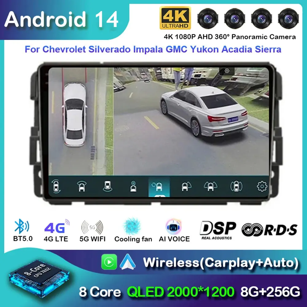 

Автомобильное радио Carplay Android 14, для Chevrolet Silverado Impala GMC Yukon Acadia Sierra, навигация, GPS, мультимедийный плеер, стерео, Wi-Fi