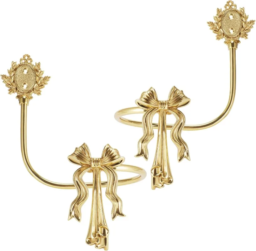 

2 Pcs Gold Brass Bow Curtain Tiebacks, Vintage Wall Mounted Curtain Holdbacks, Decorative Curtain Hooks for Living Room、 Bedroom