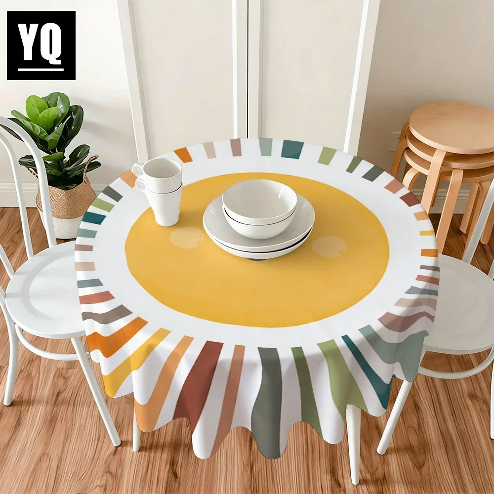 The colorful striped circular tablecloth with a smiling face and a sun print is the perfect gift for friends and family.xzj