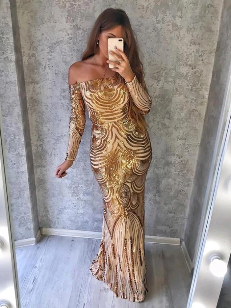 

Romagic Gold Sequin Slash Neck Long Sleeves Luxury Evening Prom Gown Mermaid Off Shoulder Women Maxi Formal Party Dress