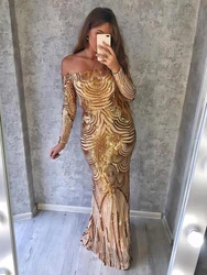 Romagic Gold Sequin Slash Neck Long Sleeves Luxury Evening Prom Gown Mermaid Off Shoulder Women Maxi Formal Party Dress