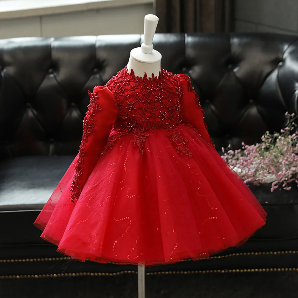 Red Toddler Girl Wedding Party Flower Girl Dress Long Sleeve Baby Girls Christmas Princess Gowns Beads Lace Kids Birthday Dress