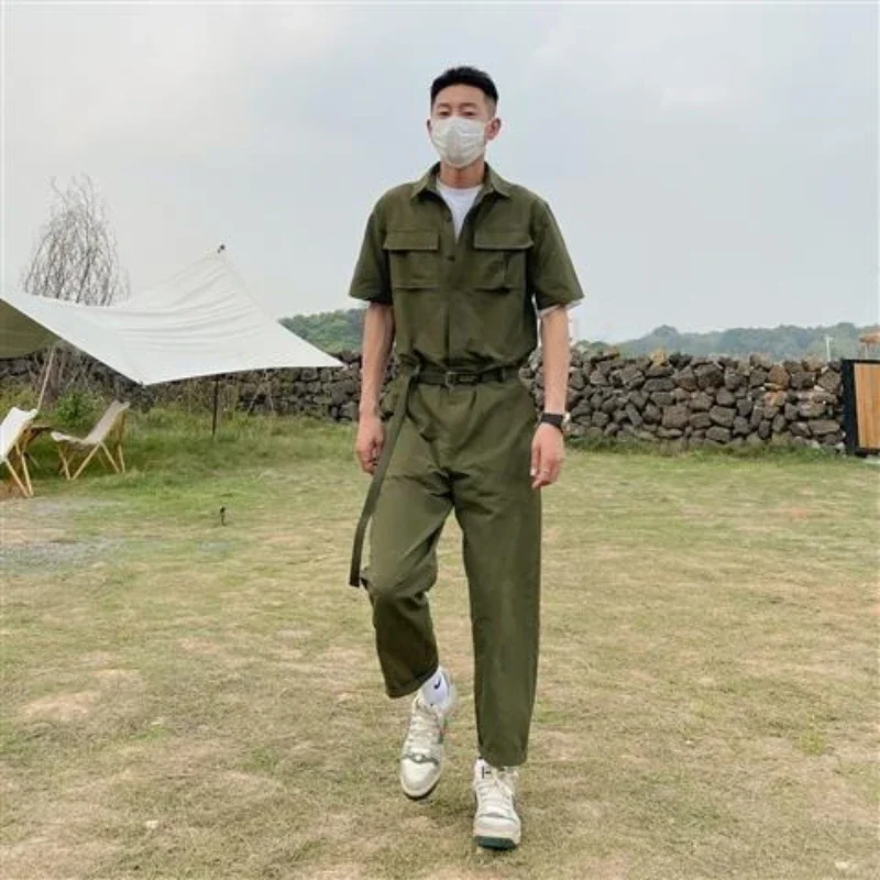 One-piece Man Trousers Sets Nylon Korean Two Set Outfits Short Quarter Sleeve Casual Aesthetic Cool Shirts Pants Suits for Men