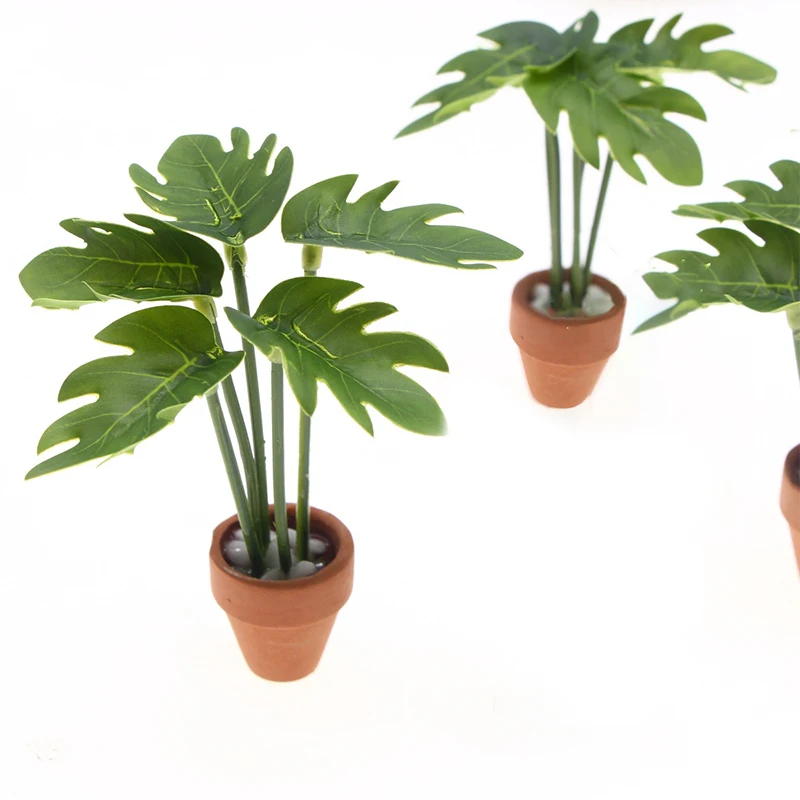 1:12 دمية مصغرة نبات Monstera بوعاء محاكاة النباتات الخضراء لعرض مشهد غرفة المعيشة وغرفة النوم