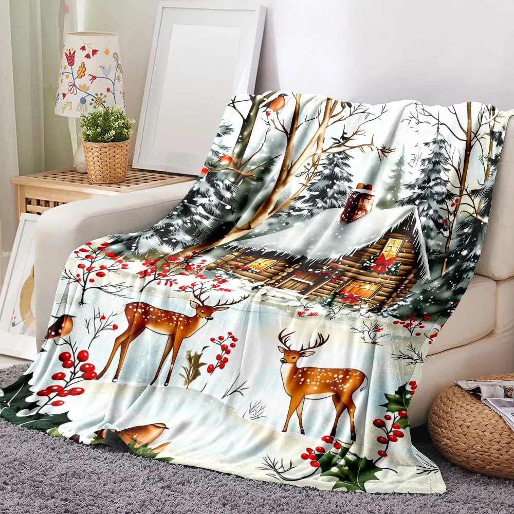 Winter Cabin Christmas Blanket - Cozy Printed Throw with Snow-Covered Log Cabin, Red Chimney, Festive Holly & Spotted Deer, Perf