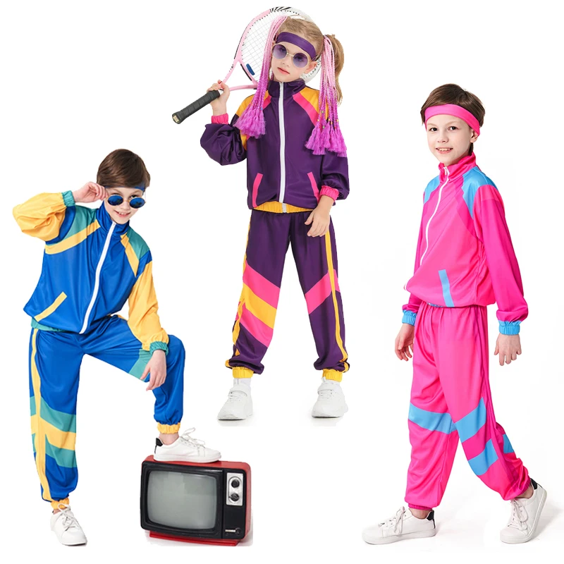 Kids Purple Blue Pink Retro Vintage Hip-hop Disco Dance Cosplay Children Costume Outfits Two-piece Stage Clothes Halloween Suit