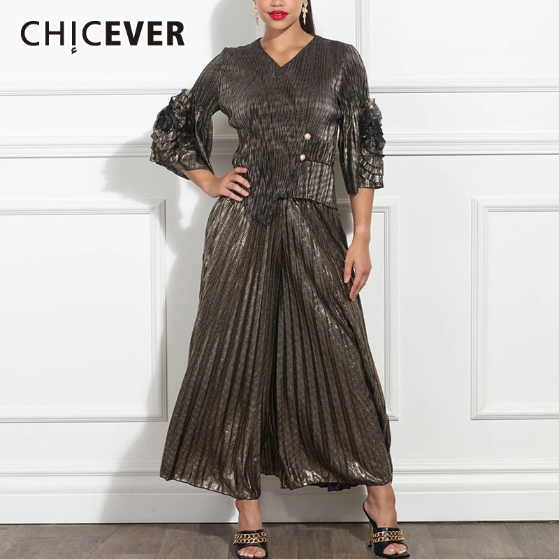 

CHICEVER Chic Two Piece Set for Women V Neck Petal Sleeve Top Spliced Elastic Wide Pant Pleated Suit Female Spring Fashion Style