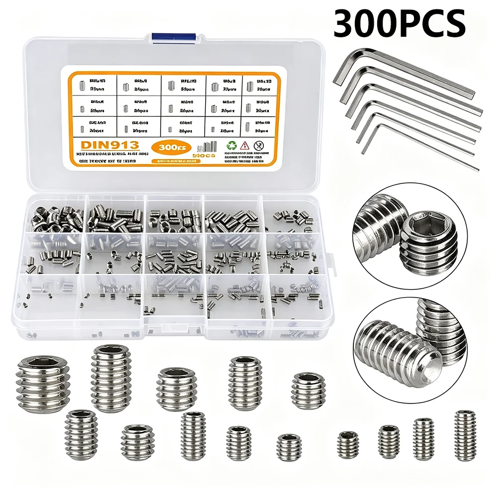 300Pcs M2.5-M8 Cup Point Grub Screws Assortment 304 Stainless Steel Internal Hex Socket Set Screw Allen Head Fastener Box