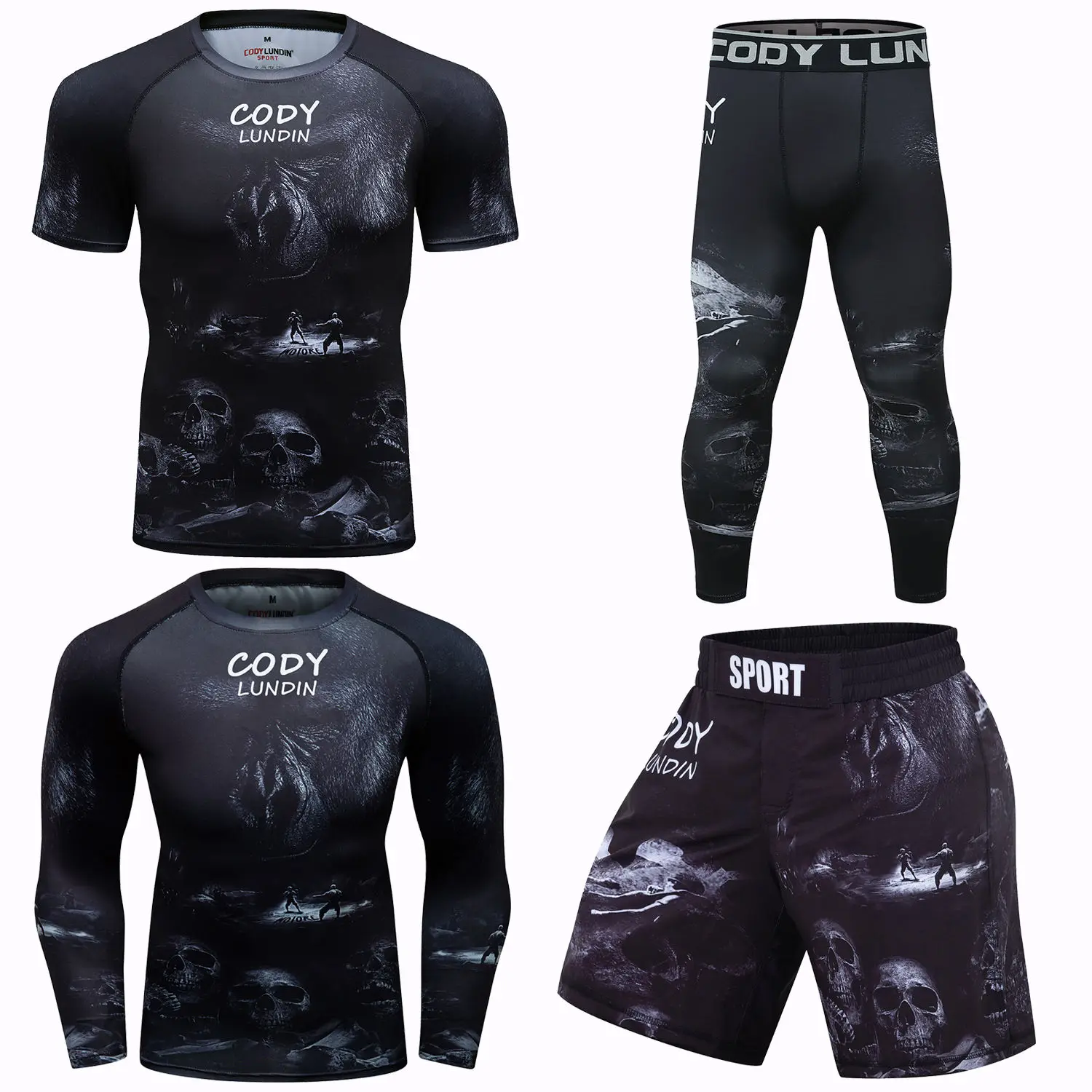 Skull Boxing MMA Compression Shirt+Pant Set BJJ No Gi Jiu Jitsu T-Shirt Rash Guard Exercise Training Suit Muay Thai Sport Shorts