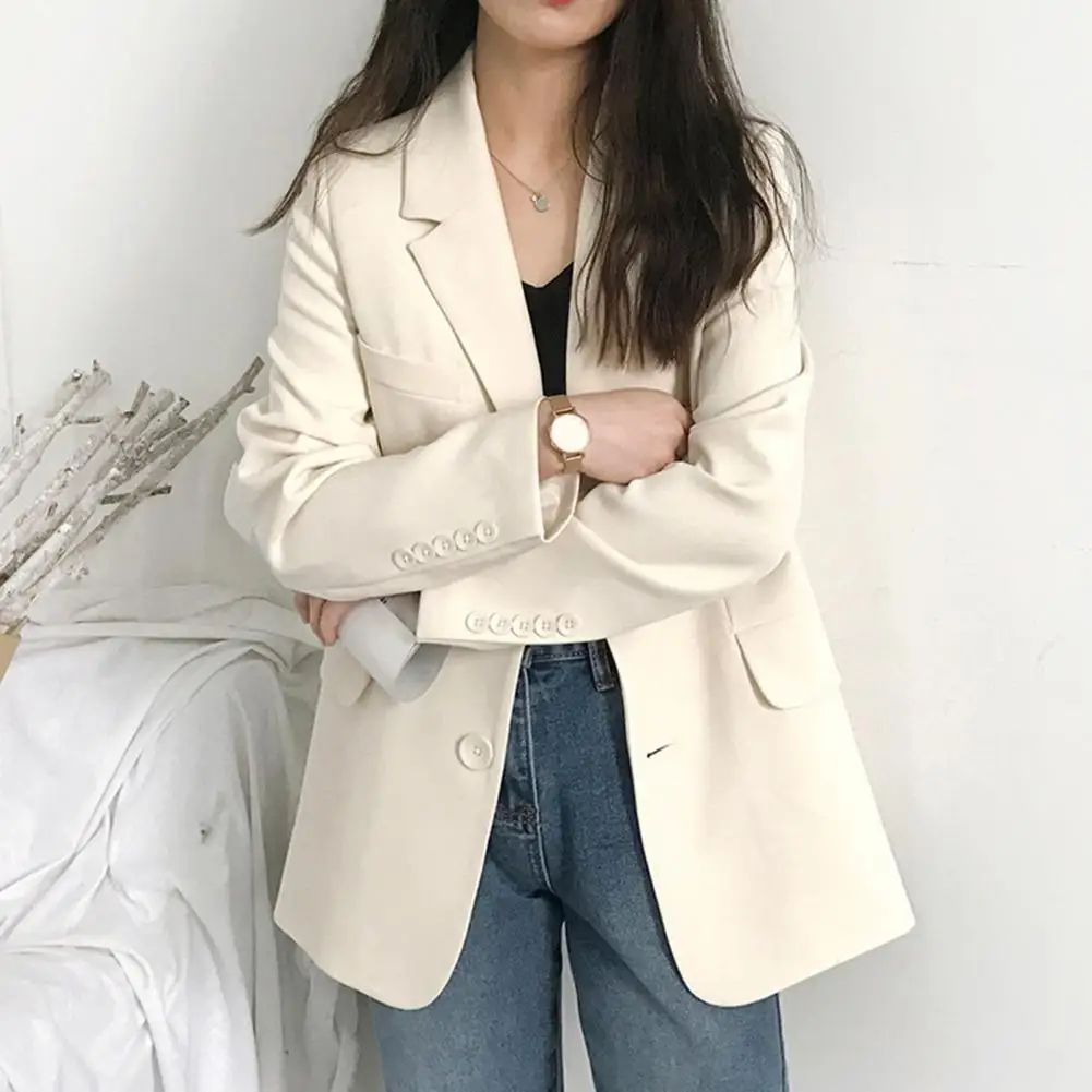 Business Blazer Lady Spring Solid Color Cardigan Turn-down Collar Flap Pockets Button Decor Lapel Women Autumn Jacket for Work