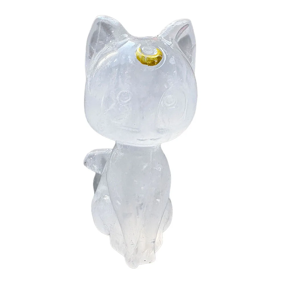 8cm Natural Clear Quartz Crystal Cute Cat Figurine Hand Carved Gemstone Animal Home Decor with Yellow Crescent Moon