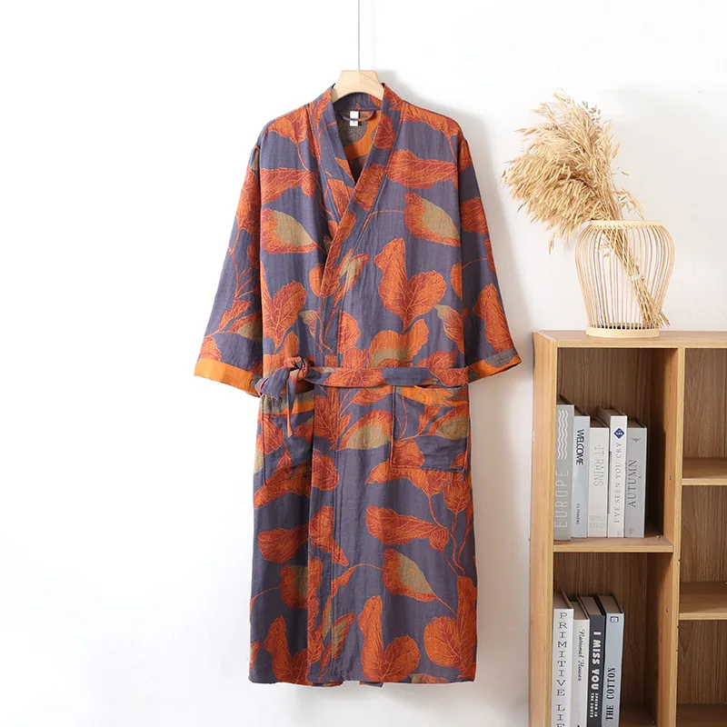 Chinese-style Color-woven Jacquard Cotton Gauze Men's Nightgown Seven-quarter-sleeved Bathrobe Loungewear Autumn Loose Robes