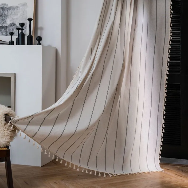 American Style Cotton Linen Black Stripe Yarn-dyed Simple Tassels Window Curtain Blackout Valance Luxury Living Room Curtains