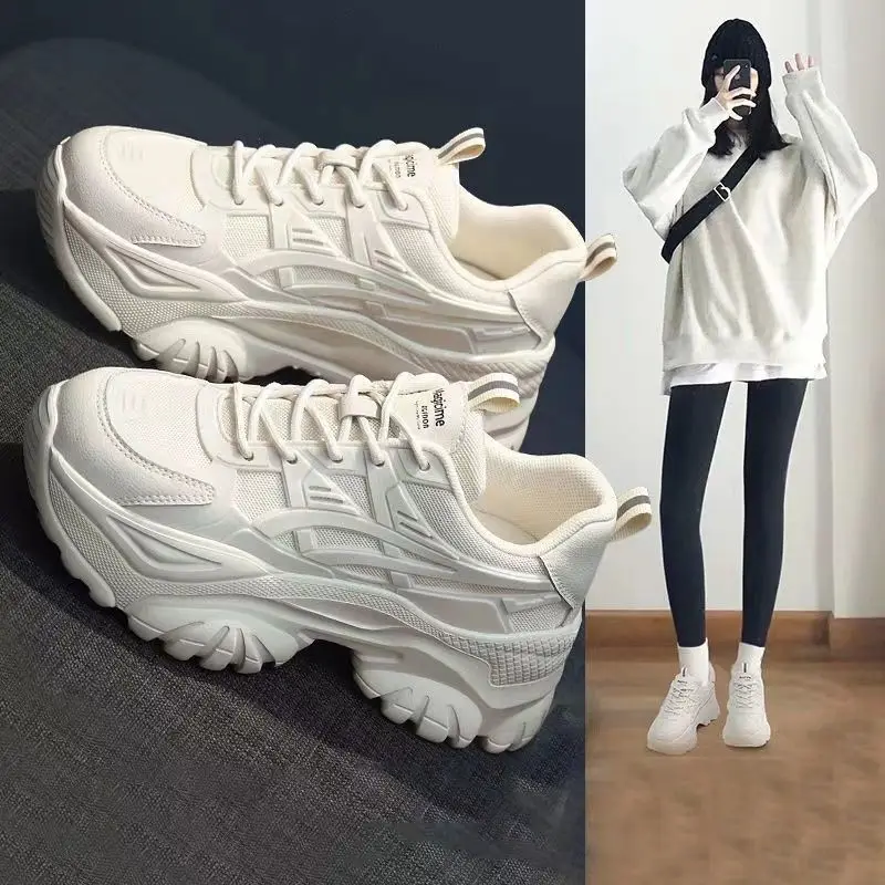 

2026 New Chunky Platform Sneakers Trend Women's Mesh Leather Thick Sole Lace Up Retro Sport Shoes Casual Daily Walking Footwear
