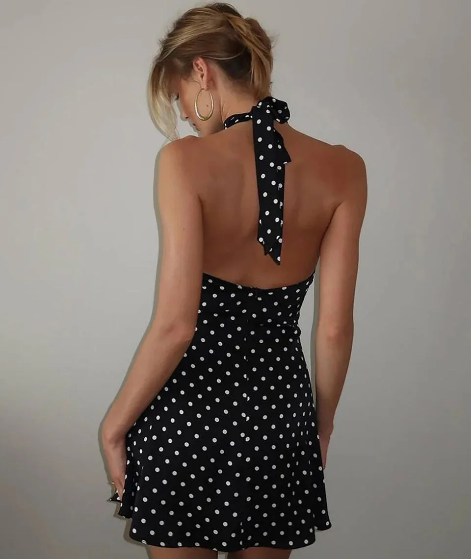 Sexy Neckholder-Kleid mit Polka-Dot-Print für Damen, elegantes Partykleid, schmal geschnitten, rückenfrei, ärmellos, Minikleid, Sommer-Urlaubsoutfits – Detail 5