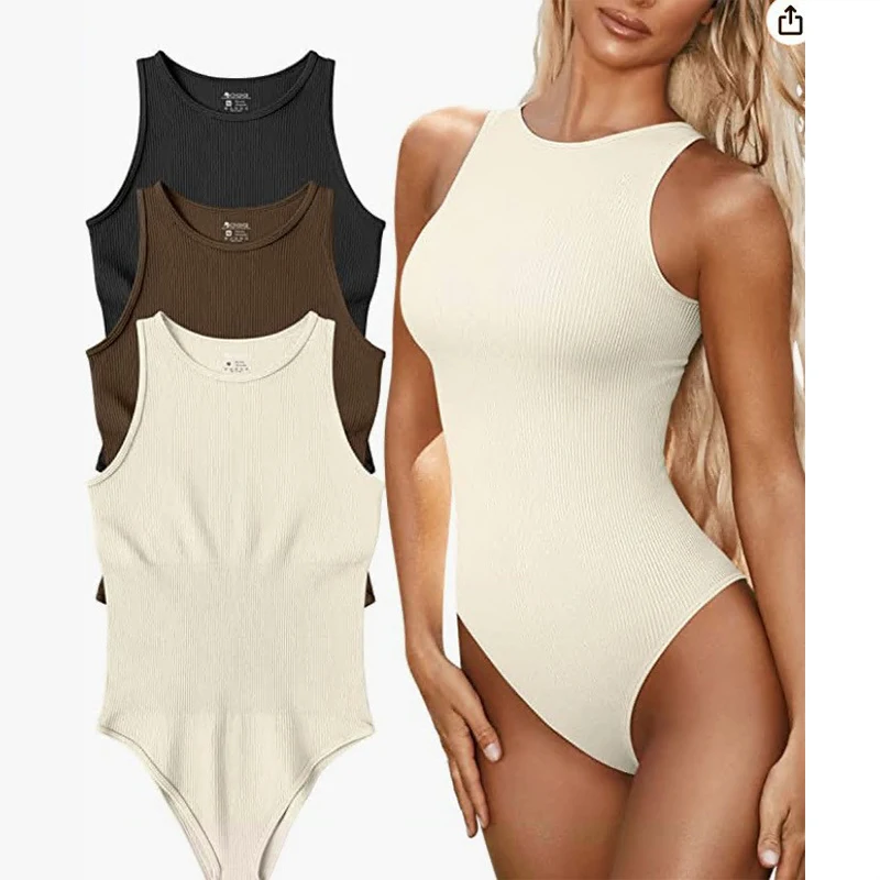 OMSJ Base Solid Sleeveless Tank Top Bodysuit For Women Summer Hot Girl Tight Sexy Casual Ribbed O Neck Romper Daily Clothes 2023