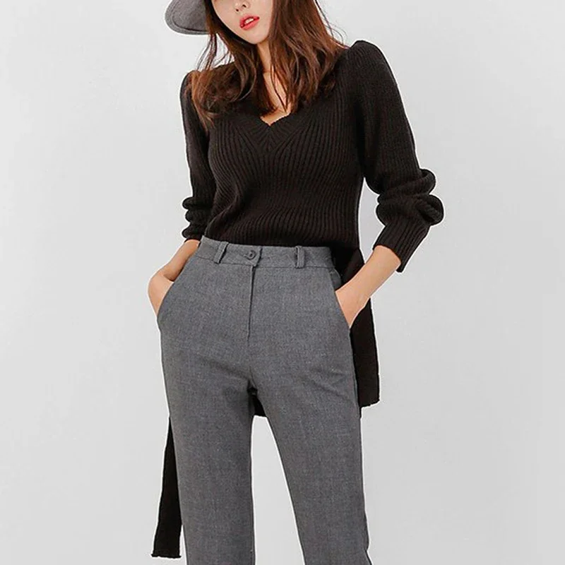 2023 Autumn and Winter New Lace Knitted Sweater Ladies Solid Color Fashion Long-sleeved Split Sweater Women Pullover Women