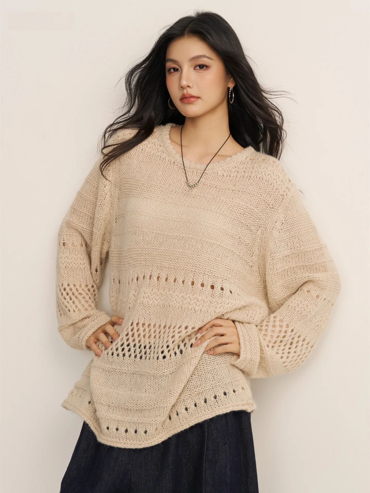 

CHILL ZOEY i Color Long Sve Hollow out Knitted Sweater round Ne Loose Fit Autumn Lazy Sle Women's Fashion Warmth Cl...