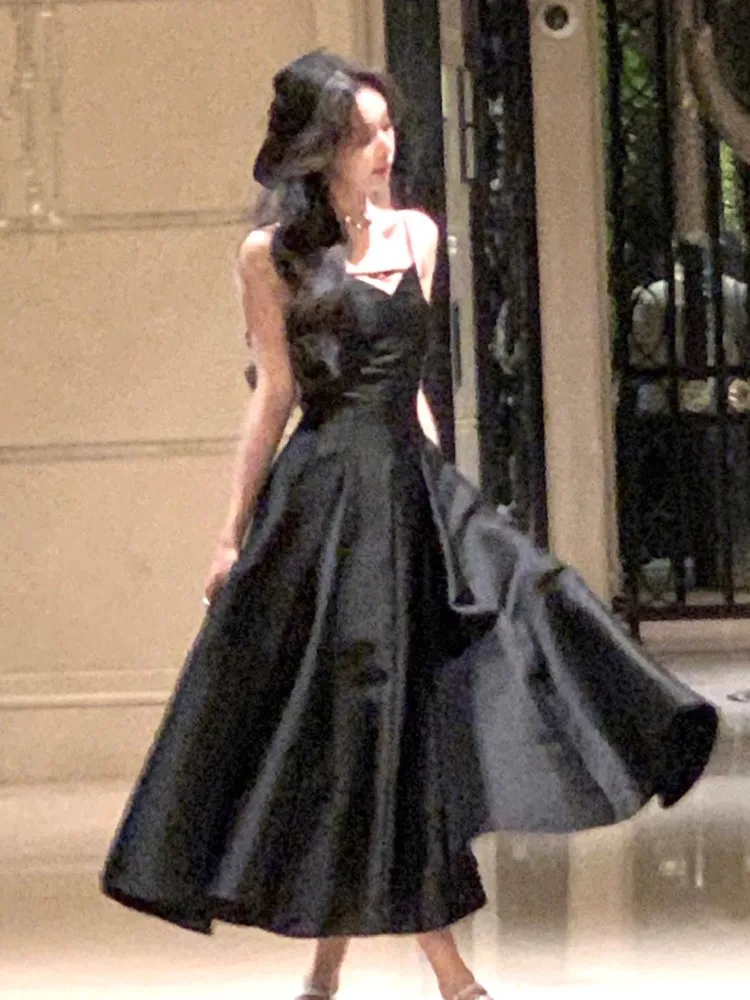 Elegante abito da sera principessa solido francese romantico nero grande orlo abiti da laurea coreano cinturino estivo abiti da sposa