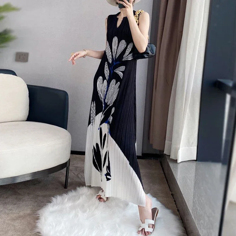 فساتين طويلة بدون أكمام مطبوعة بالحبر مطوي فستان طويل لصيف 2025 فستان نحيف جديد فستان طويل من فيستدوس دي فييستا