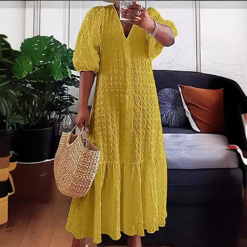 

2025 Summer Fold Texture Women Dress V-neck Short Sleeve Loose Shirt Dresses Female Casual Trendy Ladies Clothes Vestido Robes