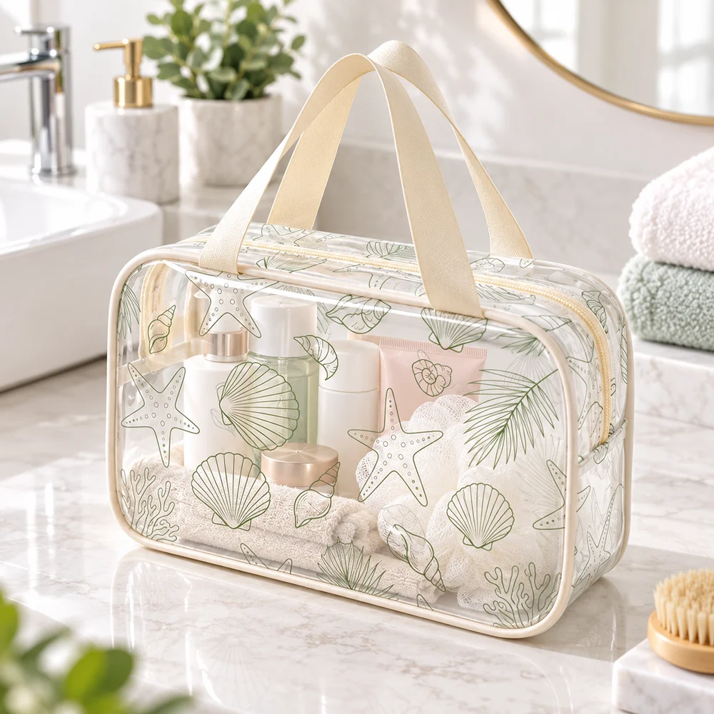 Portable Transparent Toiletry Bag Waterproof Large Capacity Cosmetic Bag Carry Handles PVC Makeup Pouch