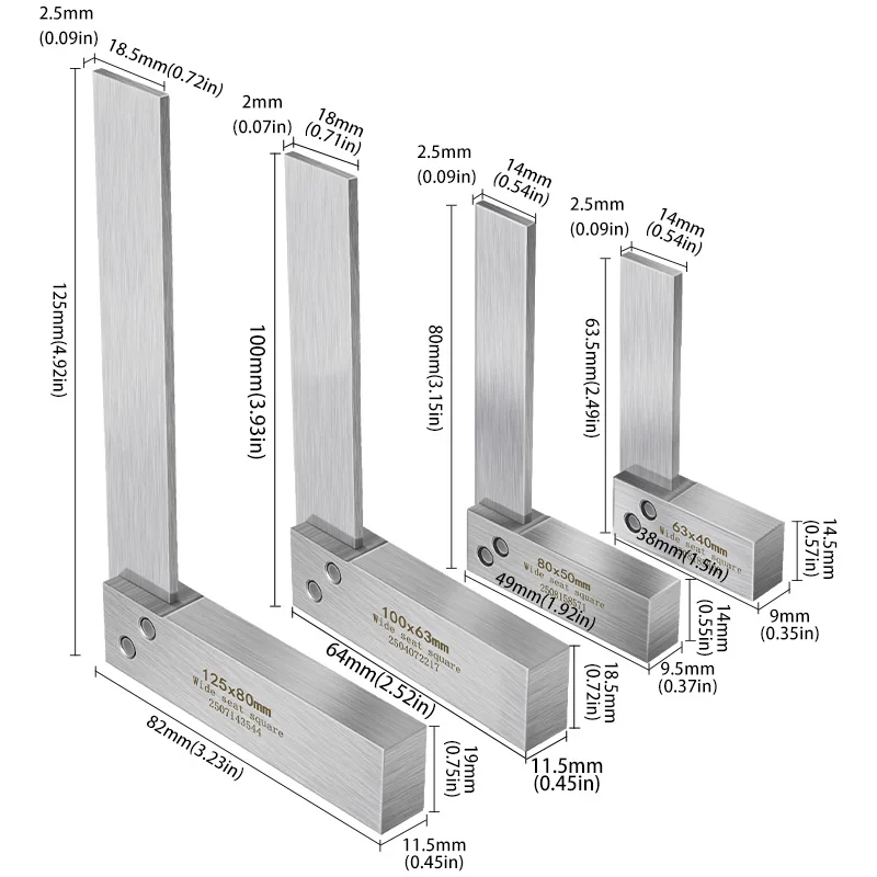 Square 90-degree square L-shaped ruler With ground seat Precision hardened steel angle ruler 63x10 80x50 100x60 125x80mm