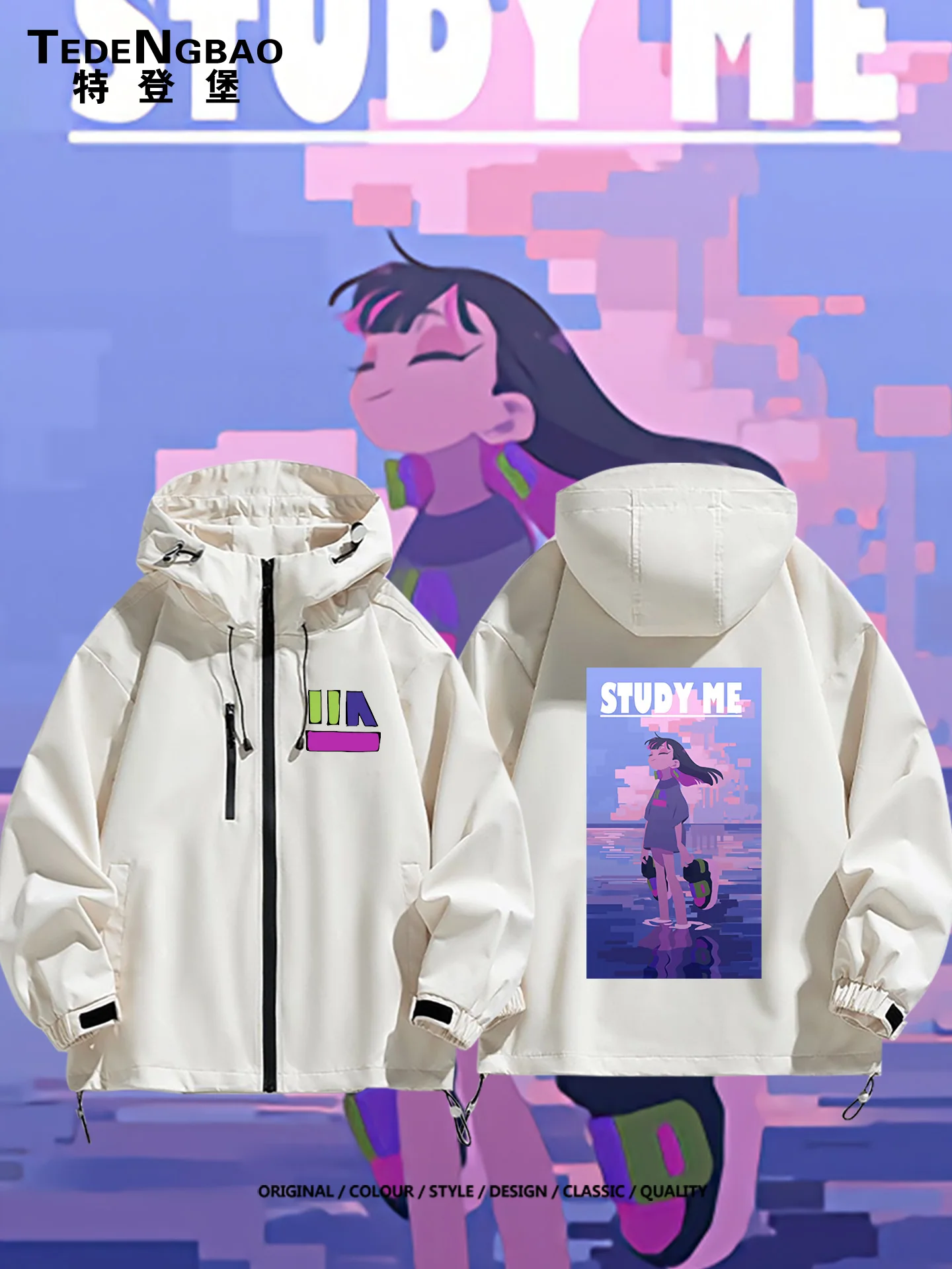 

Casual ex Loose Fit Jaet proof Windproof Polyester Fiber Hooded Zipper Closure Geometric Pattern Printed Casual Coat