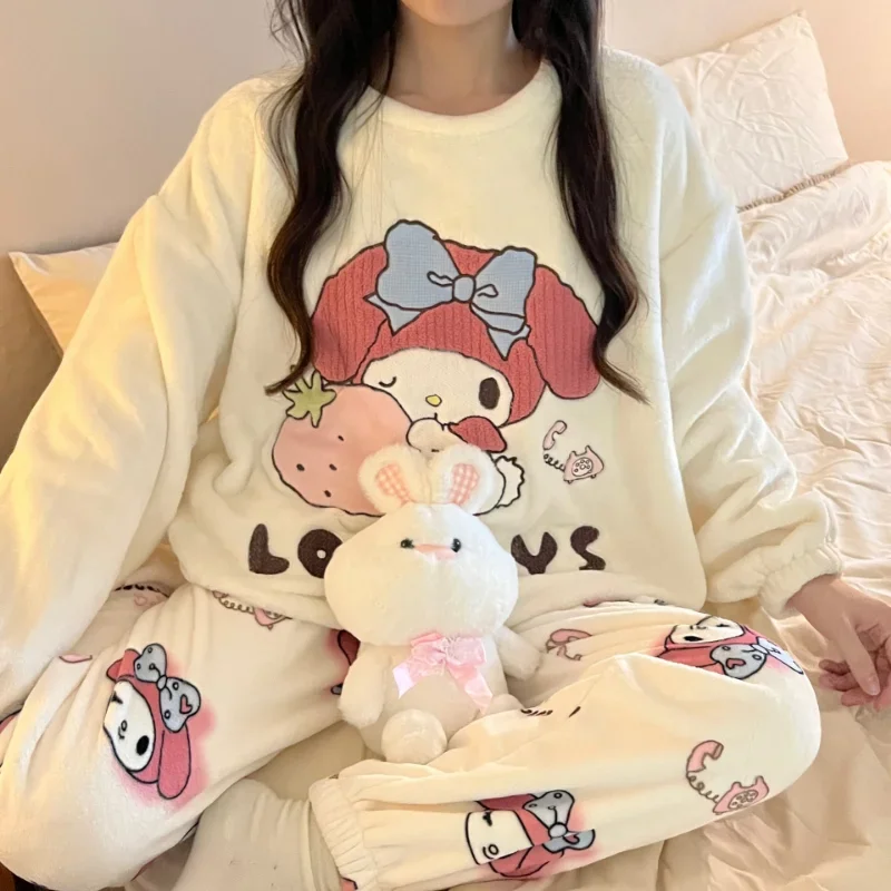 Sanrio Autumn and Winter Pacha Dog Cute Warm Pajamas Women's Melody Cartoon Thickened Plush Crew Neck Long Sleeve Loungewear Set