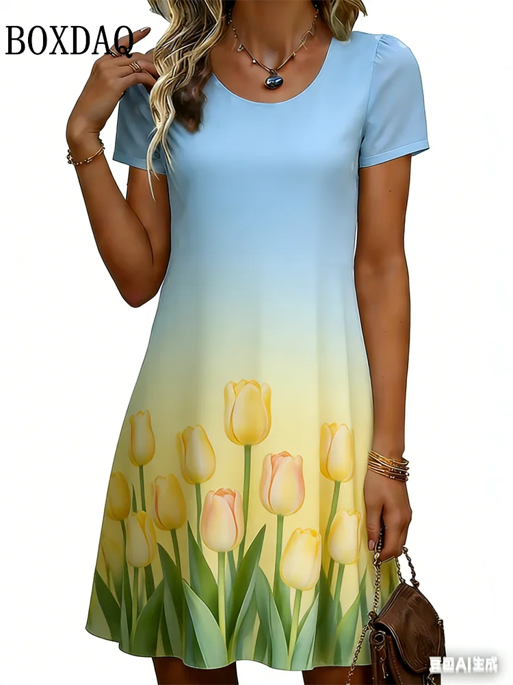 

Женское мини-платье, летнее модное платье с градиентным цветочным принтом и короткими рукавами, повседневное свободное женское платье с круглым вырезом и цветочным принтом