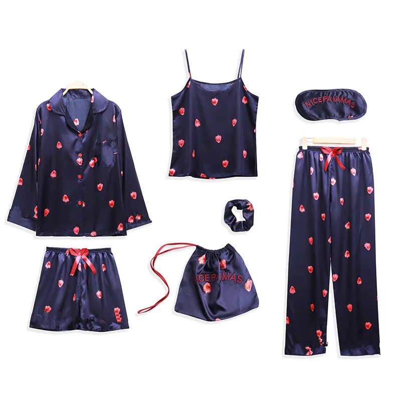 Spring Summer 7 Pcs Silk Pijamas Set Sexy Women Pajamas Print Shorts Long Sleeve Top Elastic Waist Pants Full Lounge Sleepwear