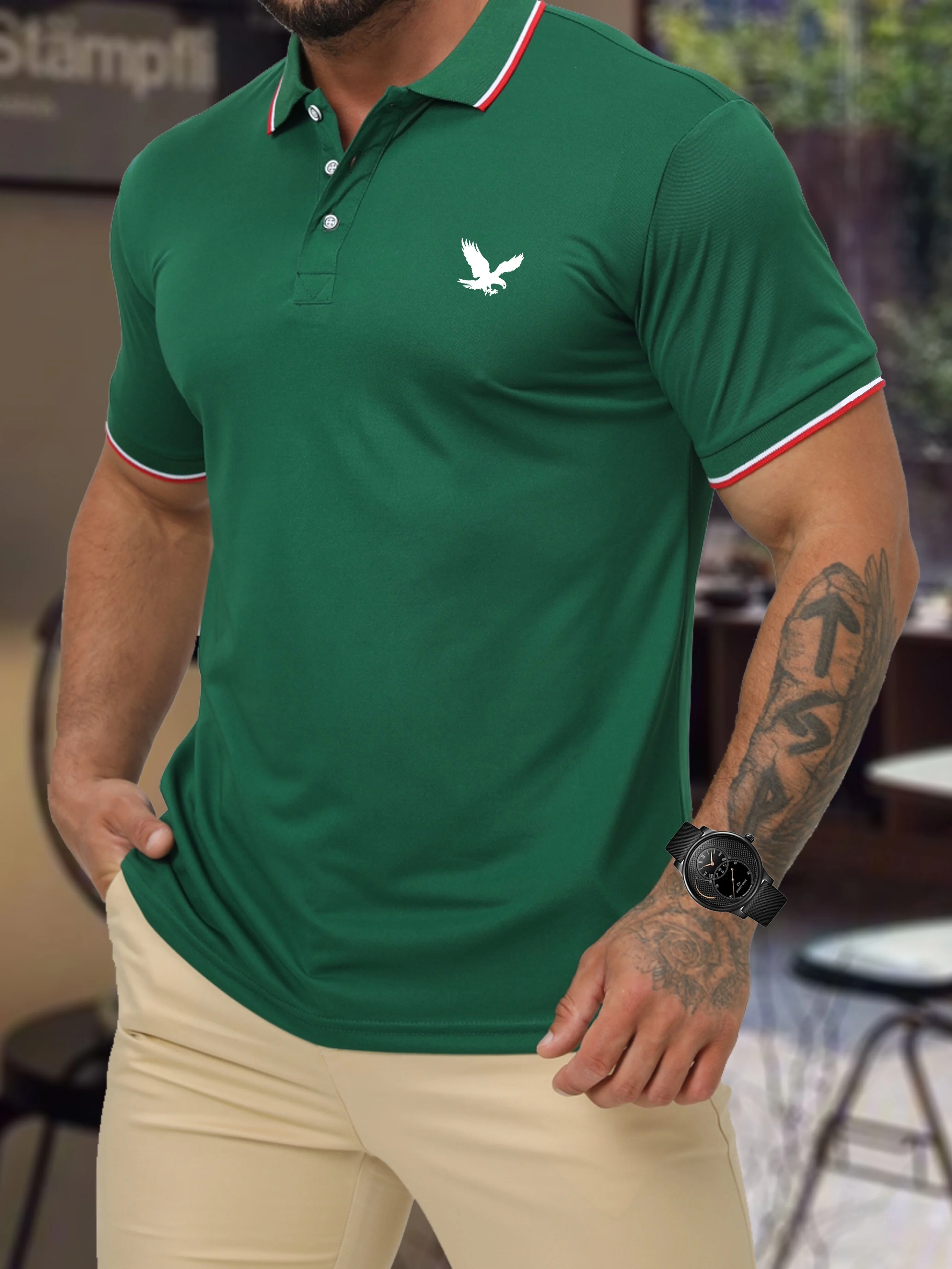 Men\'s Summer 100 Cotton Eagle Pattern Print Loose Large Casual Polo Collar Short Sleeve POLO Shirt Top