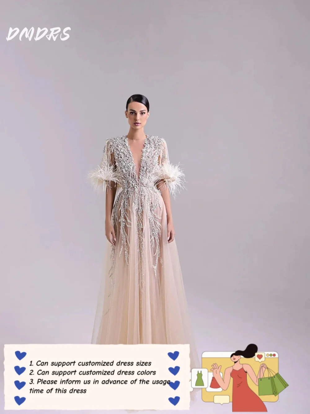 

Solemn Long-sleeved Prom Dress 2025 Romantic Feathered Party Dress Solemn Beaded Floor-Length Evening Gowns Customized