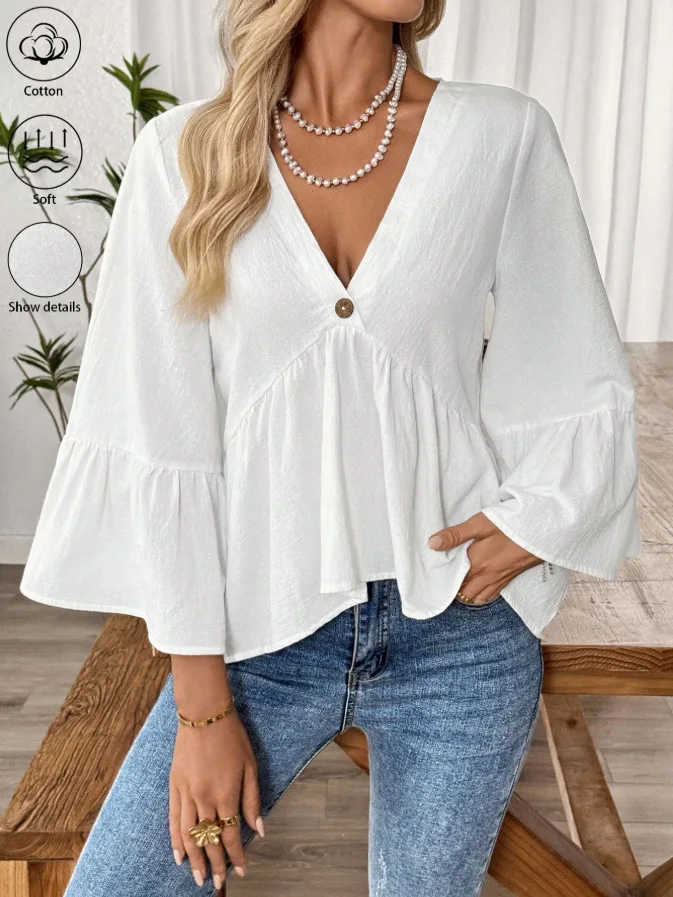 Solid Casual Loose Blouses For Women Fashion 2026 Summer Vintage Women's Oversized Shirts And Blouses Elegant Youth Fema