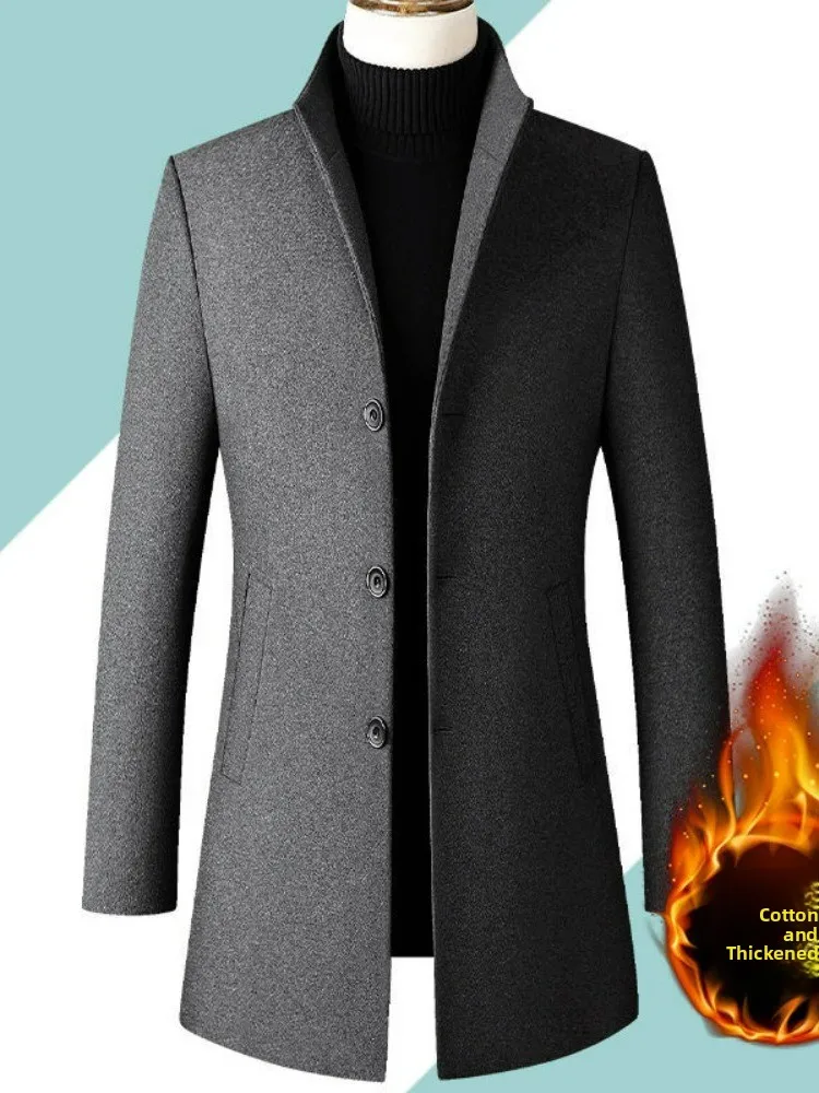 

Thiened Woolen Coat Men's Outerwear Mid-Length Autumn Winter Middle-Aged Men's Faion Dad Sle Matchings Single-Button Cl...