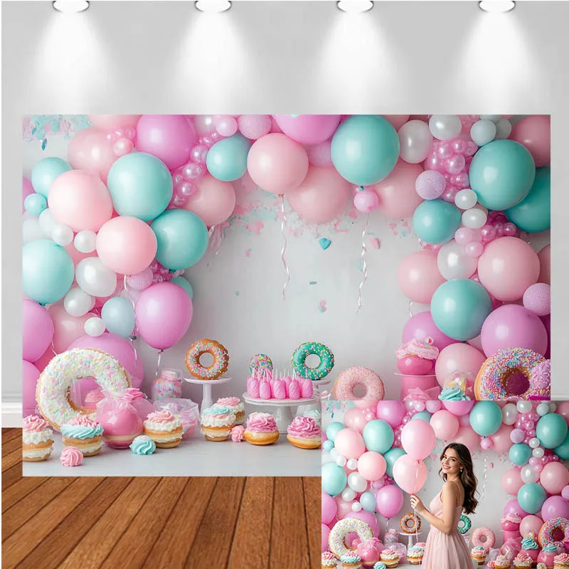 LS Photography Backdrop Pink Balloon Arch Donut Cake Decor Birthday Cake Smash Baby Shower Kids Portrait Photo Background Studio