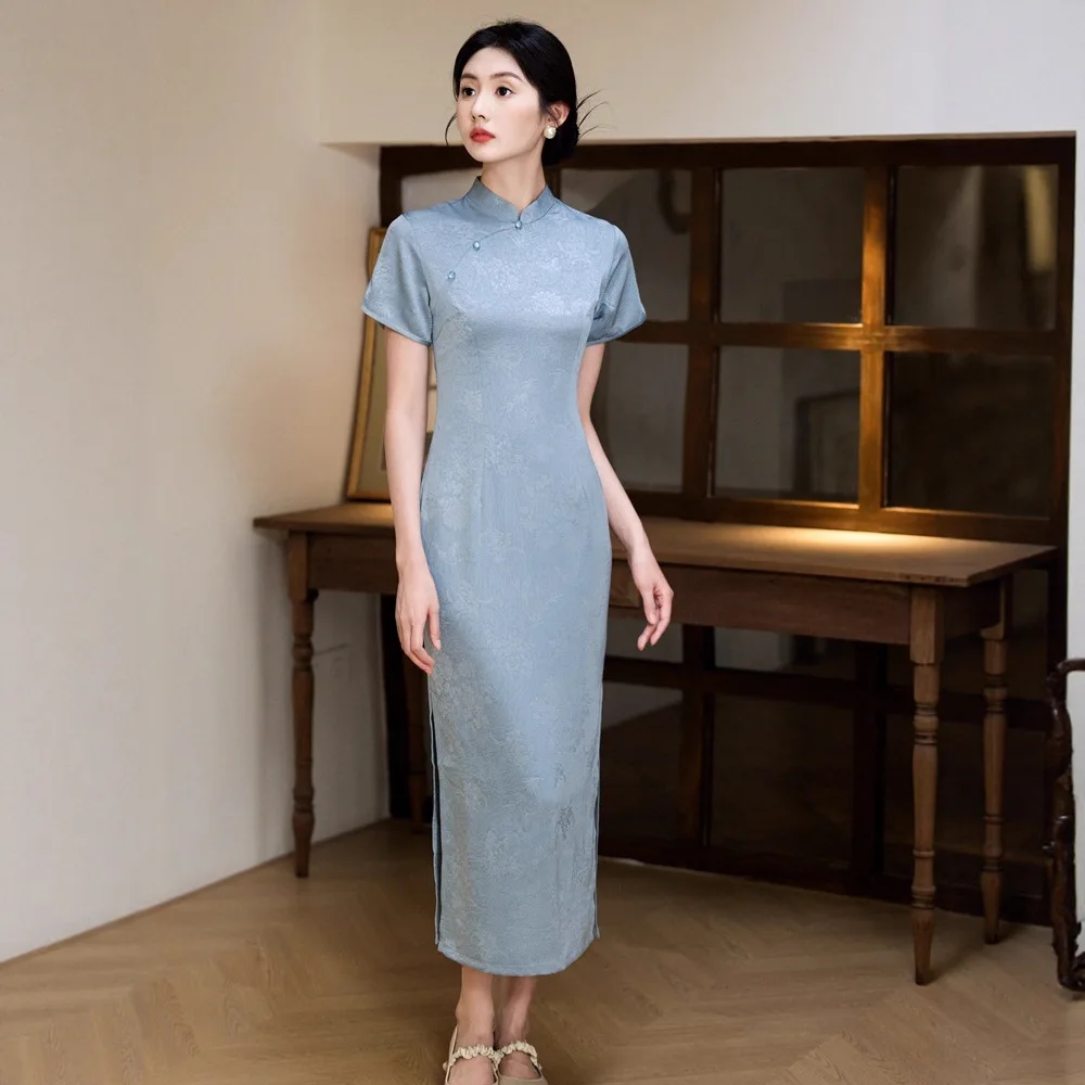 

Yourqipao Китайское традиционное синее длинное женское вечернее платье Ципао Cheongsam 2021, юбка для матери невесты
